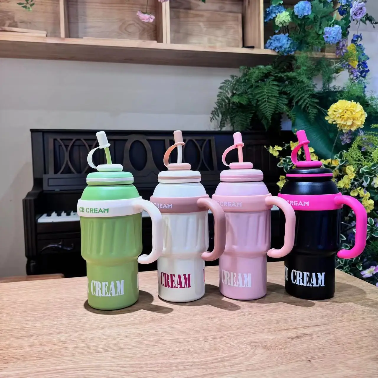 Large size Custom color water bottle tumbler outdoor camping double wall vacuum insulated stainless steel with handle and straw