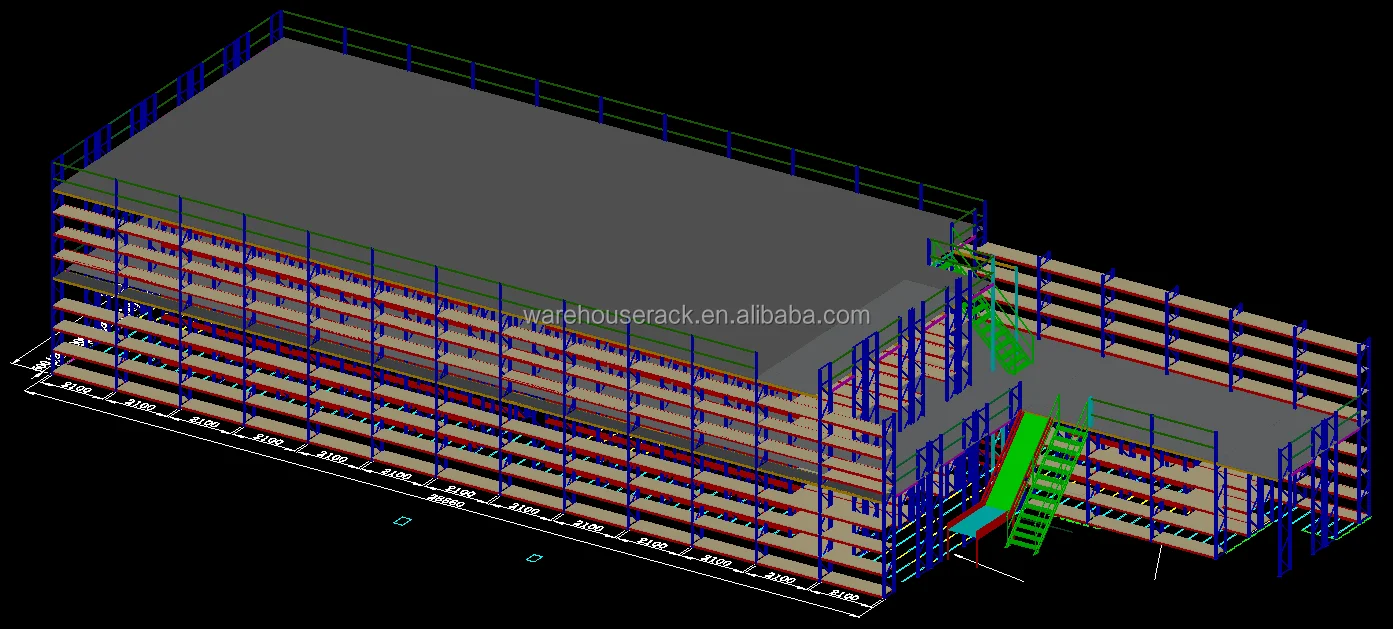 Mezzanine-Plattformregallager, industrielles Zwischengeschoss aus Stahl, Leiter, mehrstöckiges Dachgeschossregal, montierte Zwischengeschossfabrik