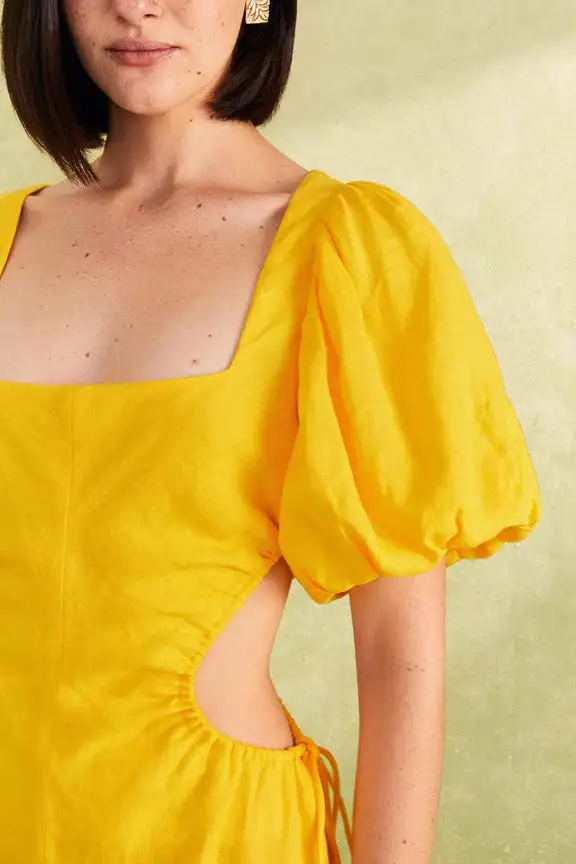 夏季热销新款黄色镂空泡泡袖女式midi连衣裙