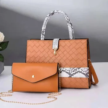 Low price ladies tote leather bags soft pu lady handbags purse match 2 pieces latest women's bag