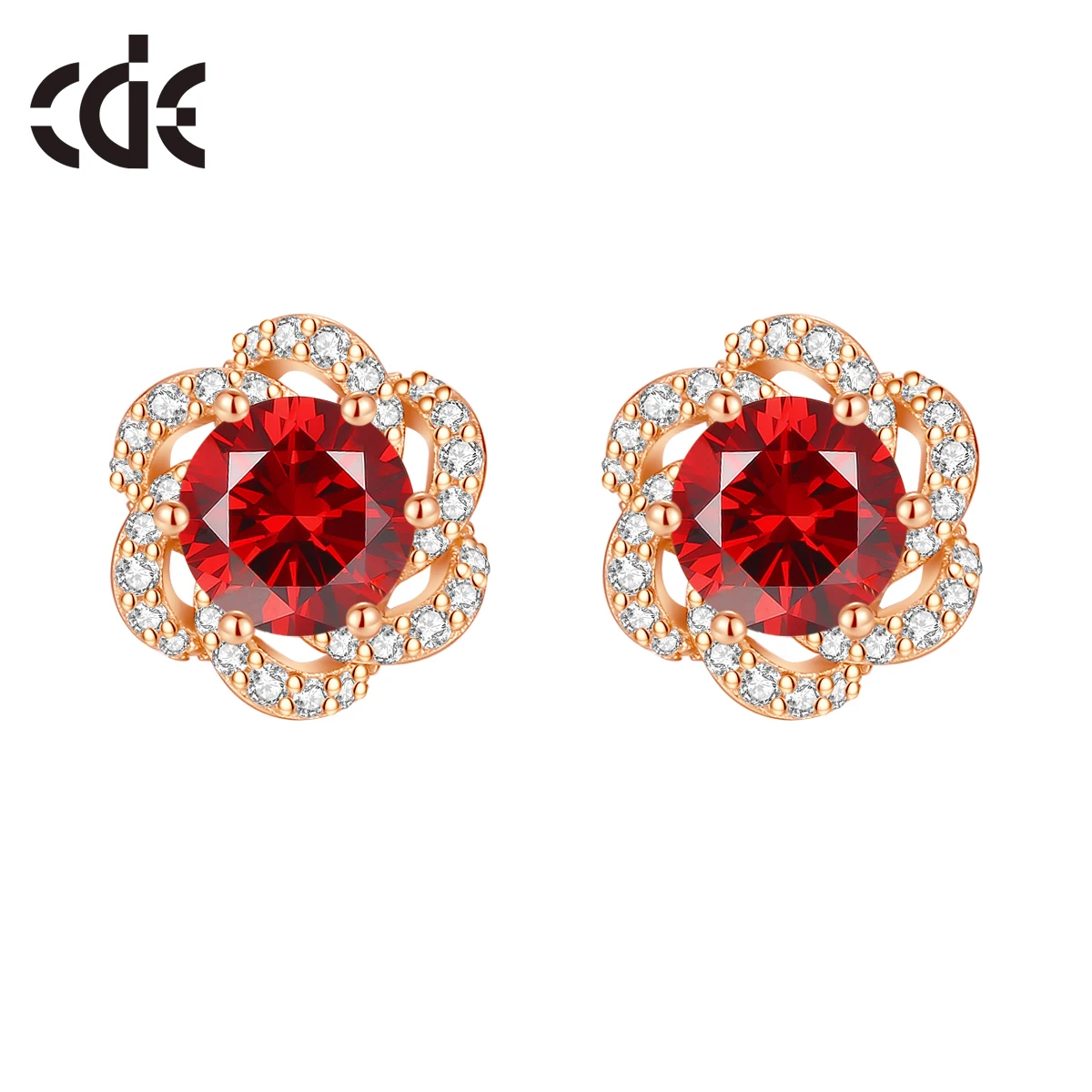 CDE YE1833 Fine Silver 925 Jewelry Crystal Earrings Sterling Silver Garnet Stud Earrings Rose Gold DIY Flower Red Zircon Earring