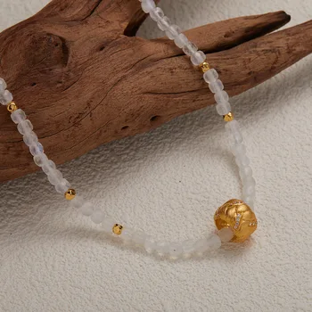 Aimgal S925 Sterling Silver 18K Gold Plated Natural Moonstone Gemstone Beaded Necklace Handmade Clavicle Chain Exquisite Design