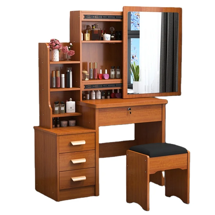 Dressing Table Set With Stool, Wood Makeup Desk Vanity With Round Mirror Desk and Cushioned Stool Set