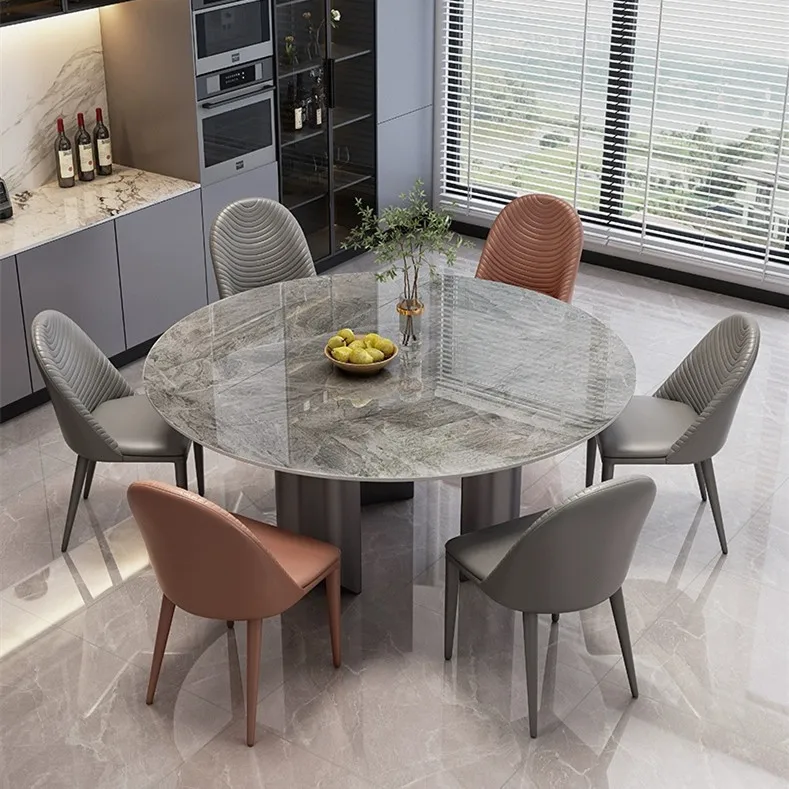 Italian Luxury Sintered Stone Round Dinning Table Set For 6 With Turntable Household Carbon Steel Base Restaurant Dining Table