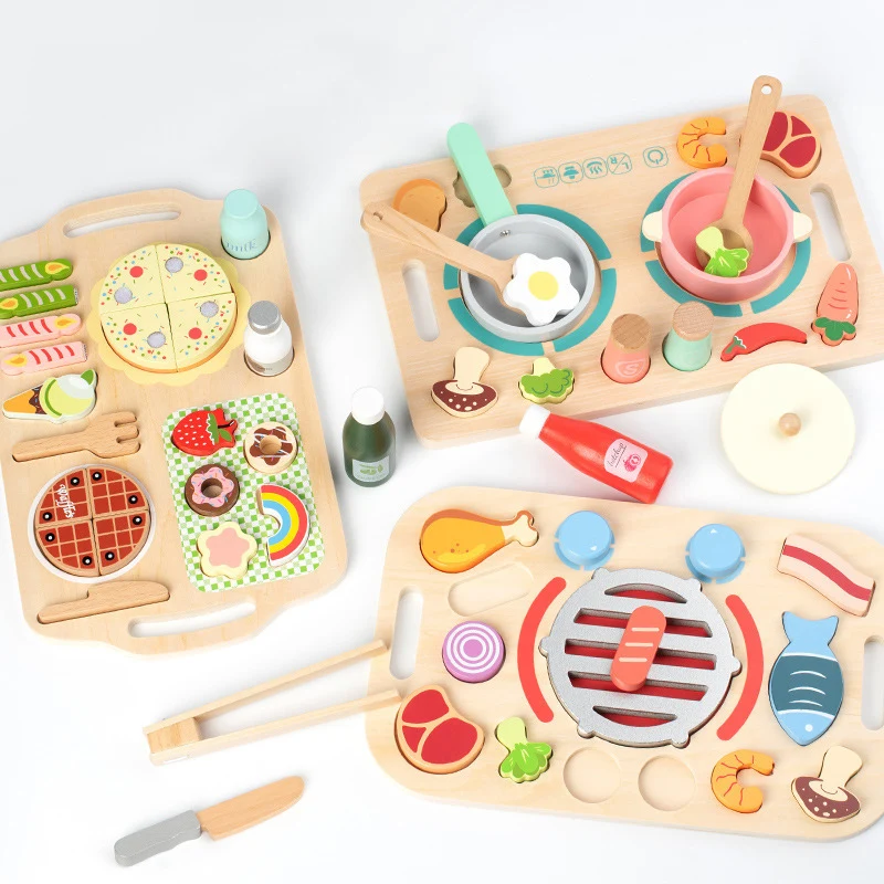 Nouveau jeu de simulation en bois 3D Puzzle nourriture thé cuisine Barbecue ensemble éducation des enfants Parent-enfant cuisine interactive bébé jouets usine