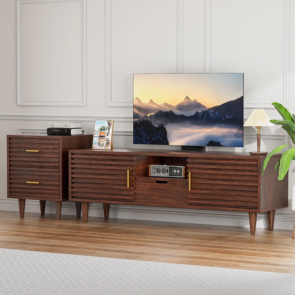 Home Mid-Century Modern Brown TV Stand Wood TV Console Drawer Sliding Door for Dining Living Room Media Entertainment Center supplier