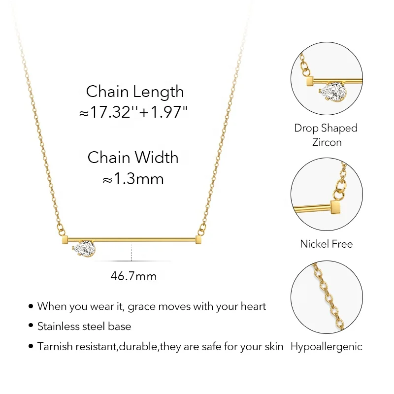 18K Gold Plated Stainless Steel Jewelry Water Drop Zircon Long Bar Pendant Hypoallergenic Accessories Necklaces P213282
