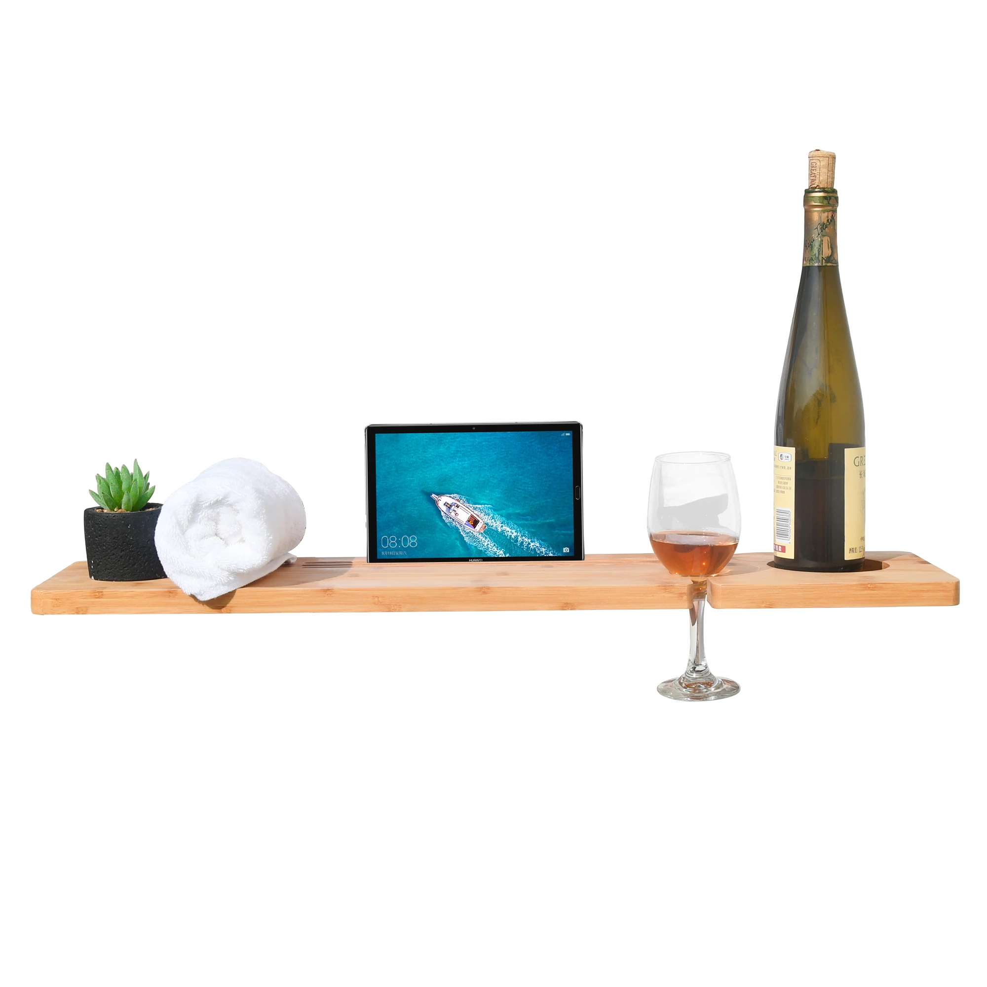 Natural Custom Luxury Bamboo Bathtub Caddy Can Be Placed Book And Integrated Smartphone And Wine Holder With Extending Side