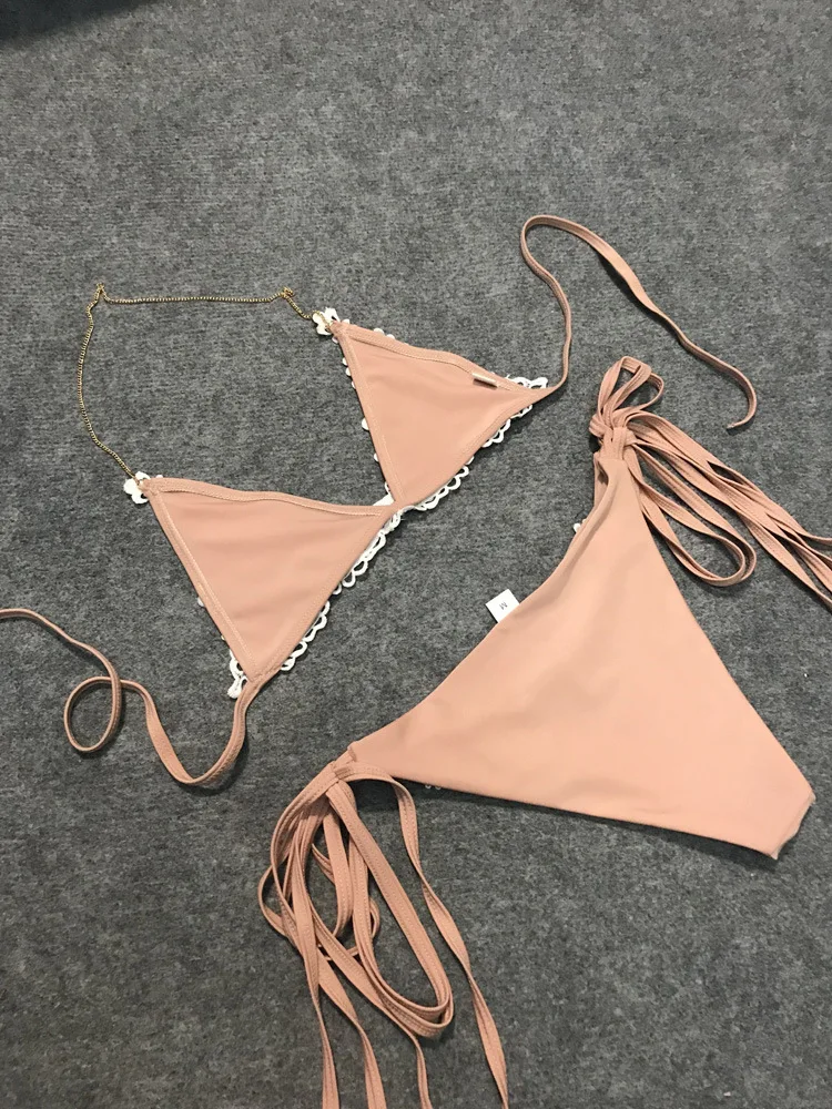2022 Triangle Sexy Bikini Embroidered Split Swimwear Lace Up Pink Bathing Suit For Women Buy
