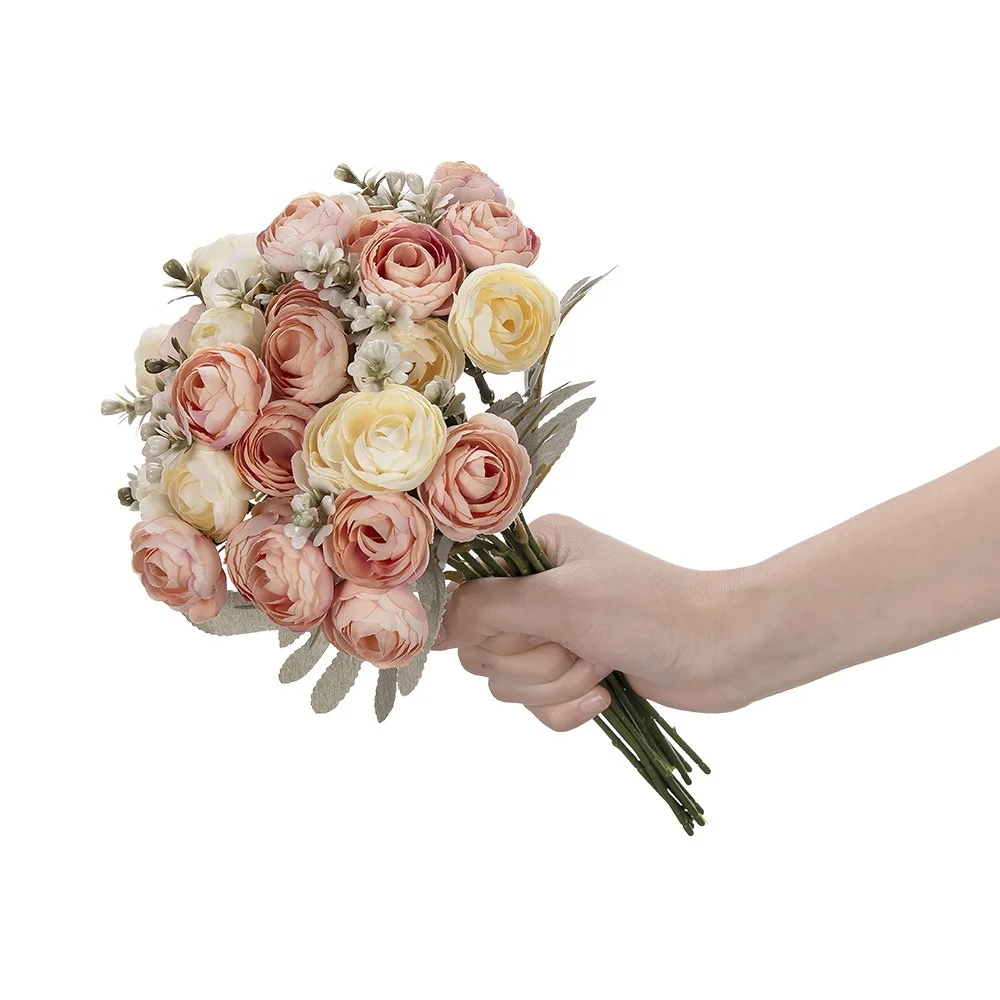 Ranunculus bud  silk artificial flower hand tied bouquet for wedding home decor