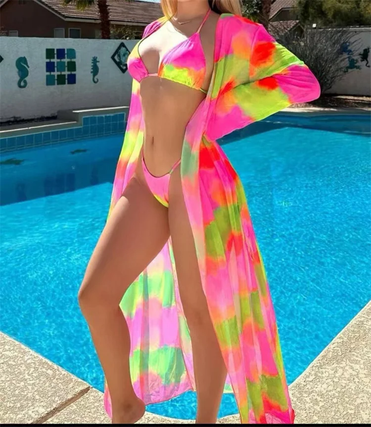 3 Piece Tie Dye Bikini Swimsuit and Cover Up Sets for Women Sexy Three Pieces Swimwear