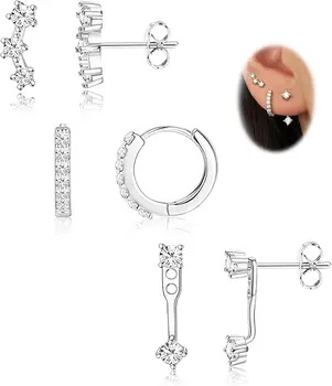 3 Pairs 925 Sterling Huggie Hoop Earring Stud Cubic Zirconia Cartilage Earrings Ear Tragus Rings For  Multi Piercings Women