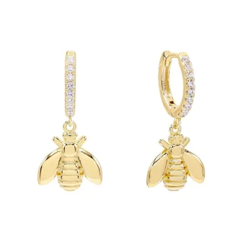 Wholesale Fashion Jewelry 925 Sterling Silver Bee Drop Earrings Statement 18K Gold Plated Zircon Huggie Hoop Earring For Women