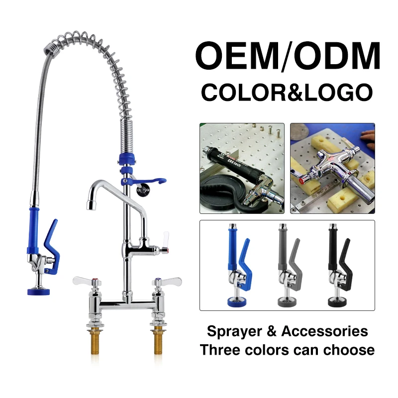 Dual Handle Commercial Industrial Kitchen Faucet Sprayer Short Type Pre-Rinse Hot Cold Water Stainless Steel Wall Mount 2 Holes supplier