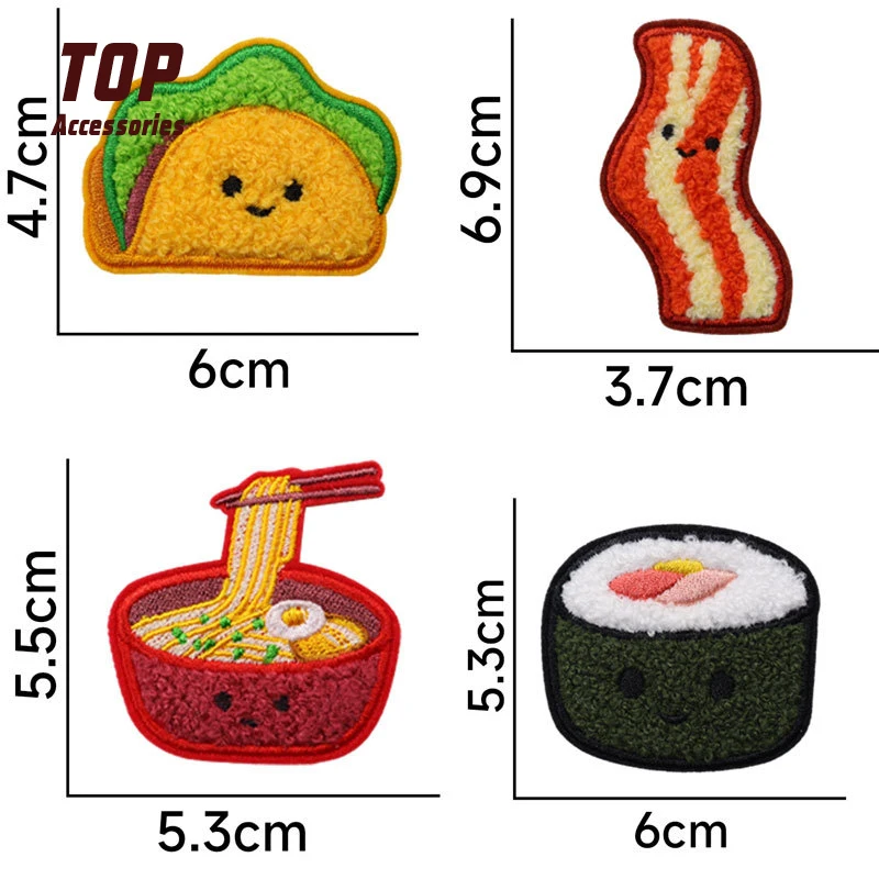 DIY Clothing Accessories Custom Cute Food Heat Press Cotton Chenille Patches Fabric PVC Handmade Embroidery Sequins Embroidered