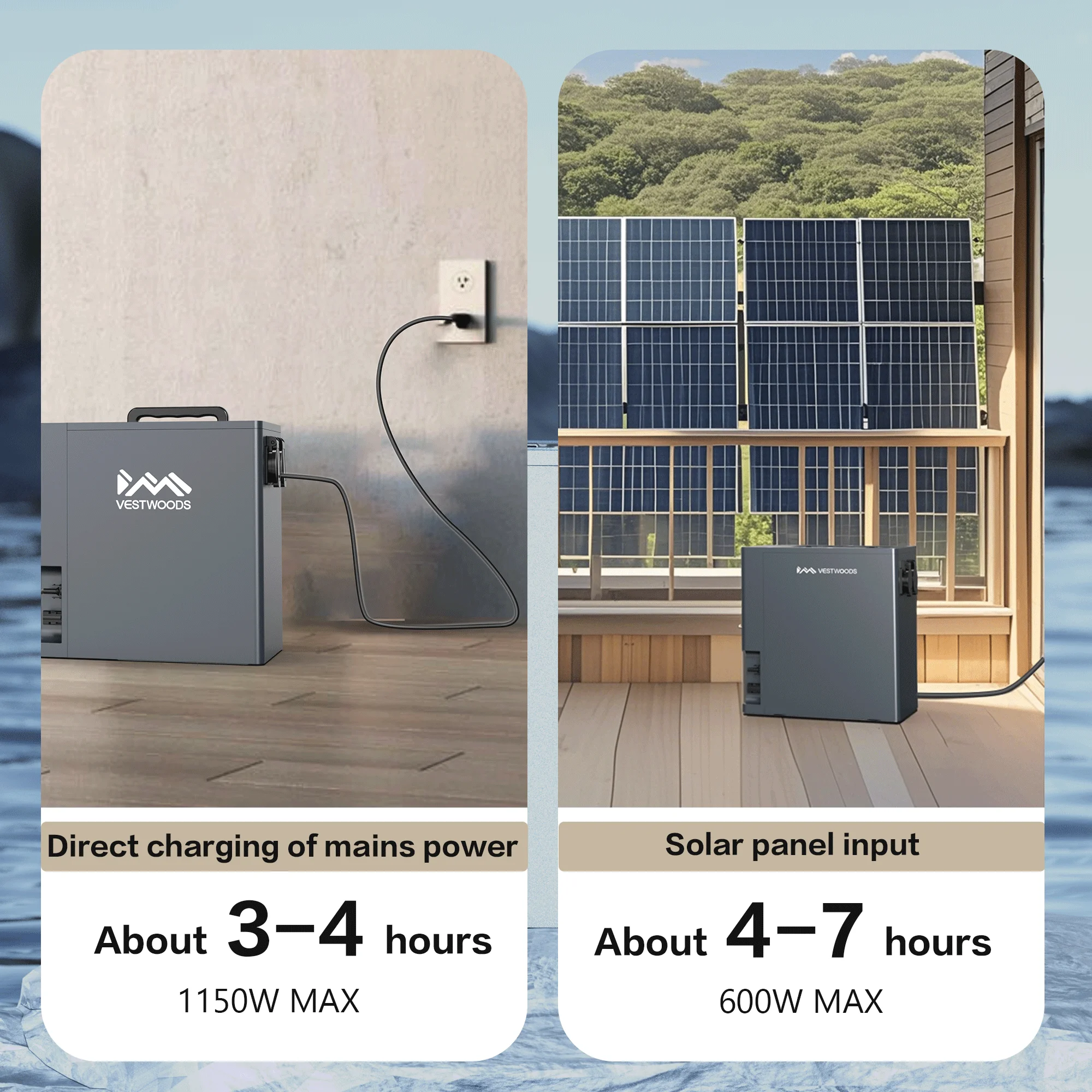 Vestwoods 2009.6Wh 1000W Portable Solar Generator Power Station with UPS & Lithium Iron Phosphate (LiFePO4) Battery 6.4V,314Ah, 2yrs warranty 9 Hfa813f67ce694b21a40cf08f0ea197a9S The Vestwood 2009.6Wh Power Station is a reliable 1000W portable solar generator with 1500W peak power and a long-life LFP battery. Perfect for home backup, blackouts, and solar charging, it powers essential appliances like fridges, 55” TVs, laptops, WiFi routers, lights, and microwaves safely and quietly. Battery: 2009.6Wh, 6.4V LFP AC Output: 1000W continuous / 1500W peak, 2 sockets, 220–240V, 50Hz AC Input: 1150W max, full charge in 2.5 hrs (~3 units of electricity) Solar Input: 600W max, MC4 port, full charge ~4 hrs UPS Mode: Switches in <20ms Noise Level: <25dB, natural cooling Dimensions: 304×200×310mm, Weight: 19kg, IP20 Protections: AC overcurrent, short-circuit, PV overcurrent, battery temperature