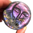 Hand Carved Natural Pink Purple Flash Labradorite Plam Stone Sun And Moon Face Carving