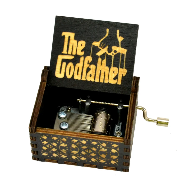 Wooden Engraved Music Box Hand Crank Godfather Happy Gifts Birthday NEW M2G6 