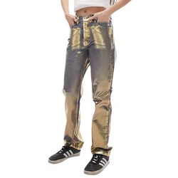 Metallic High Waist Straight Jeans Women 2023 Autumn New Printing Loose Straight Leg Denim Pants