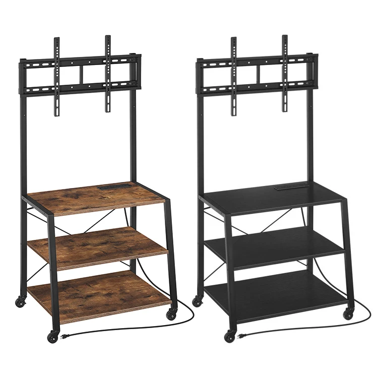 Wholesale Industrial TV Console Table Media Entertainment Center Black Tall TV Stand on Wheels with Power Outlets and Storage