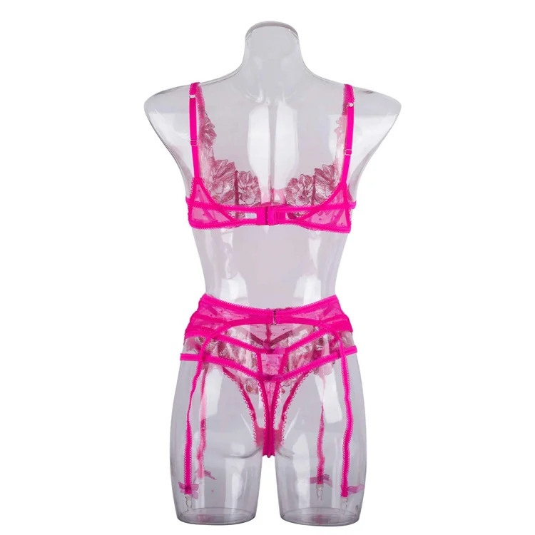 Spring Summer Sexy Lingerie Set Piece Pink Underwear With Solid Floral Pattern Transparent