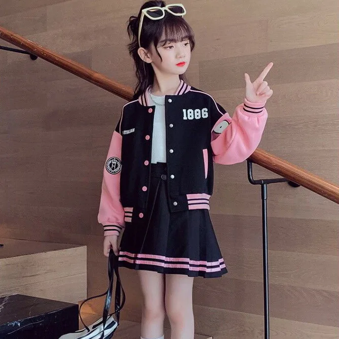 Kids Costume Teen Girls Clothing Set 2023 Spring Casual Jackets Skirt School Tracksuit Children's Baseball Outfits 4 to 14 Years