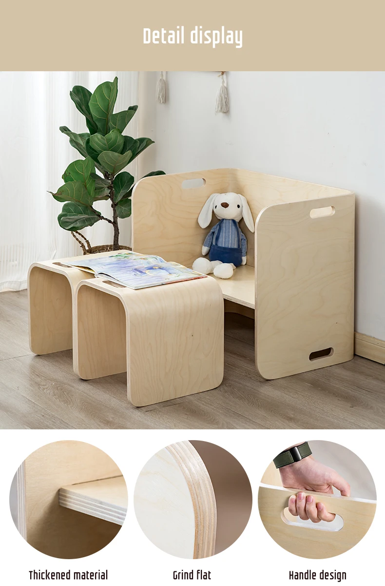 Meubles polyvalents pour l'école à domicile en bois courbé pour enfants, ensemble de Table et de chaises en bois naturel pour enfants, 3 pièces, fournisseur