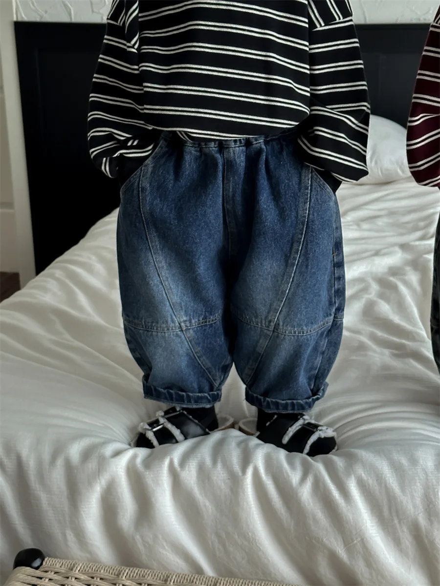 2023  childrens kids blue black autumn new cotton jeans baby loose denim pants wide-leg pants