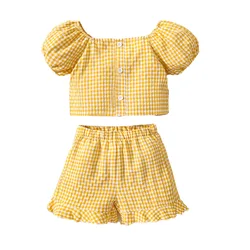 Boutique toddler girls clothing sets yellow plaid new fashion little girls two piece kids clothing children sets for summer