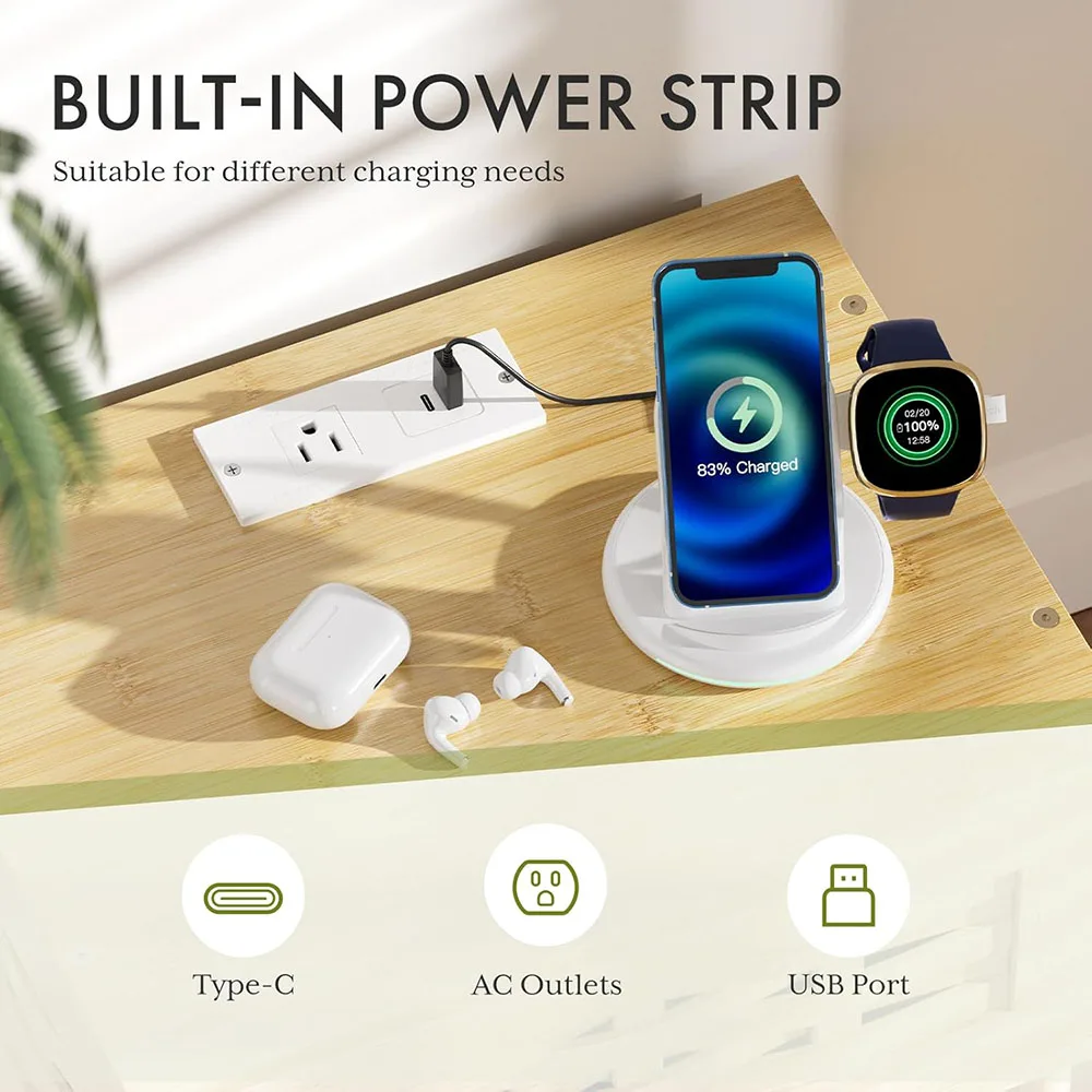 product modern bamboo nightstand with charging station bedside table with usb ports outlets night stand for bedroom use-2
