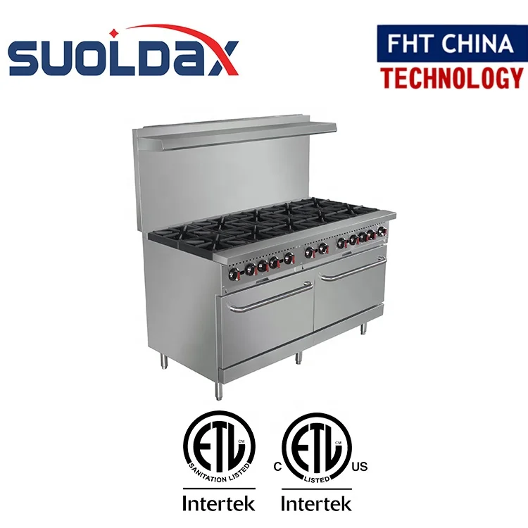Suoldax FHT-CHINA ETL multiple function commercial gas range open hot plates gas range stove 60" 10 Burner with double oven