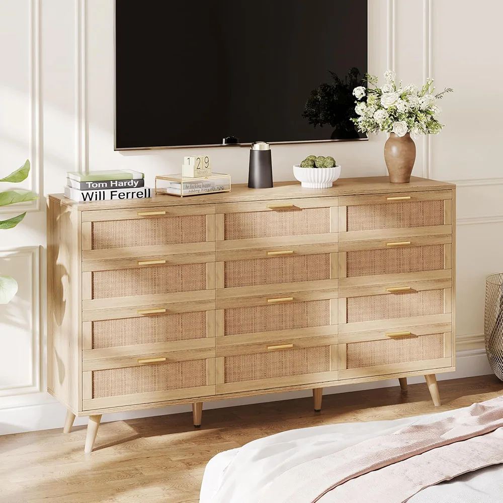 product 12 drawer double dresser modern oak chest dressers with golden handles for bedroom and living room natural-6