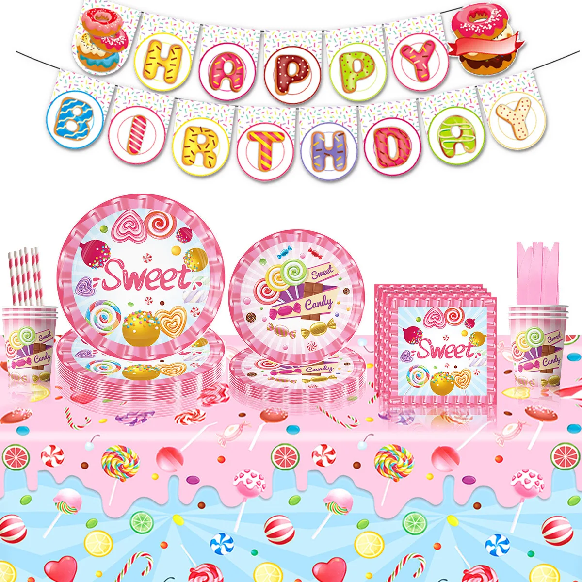 Pink candy lollipop theme children's birthday disposable paper plate paper towel set tableware party decoration supplies