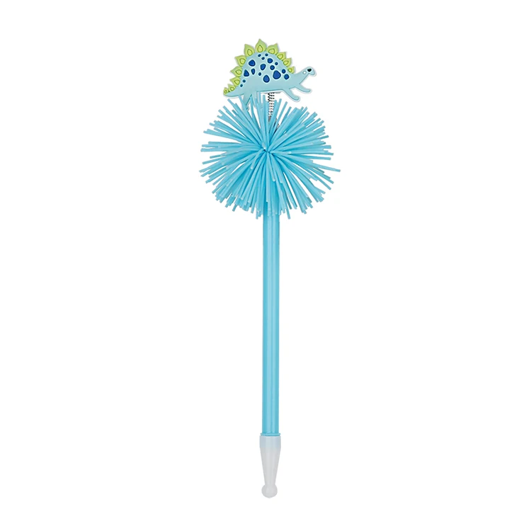 Cute Silicone Pom Ball Pen Blue Dinosaur 0.7mm Black Refill Ball Pen Blue Custom Ballpoint Pens