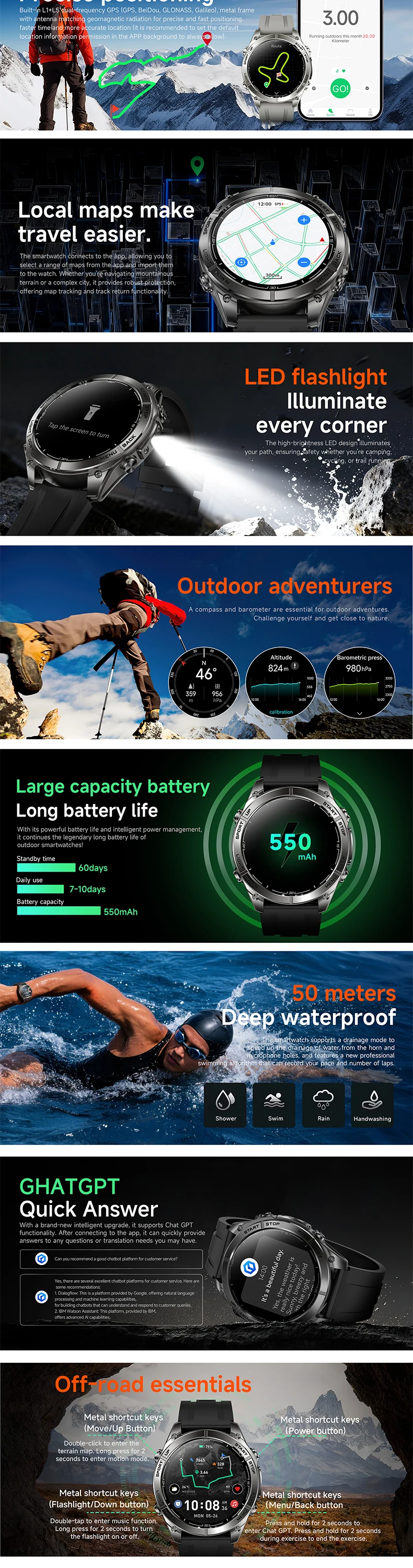 product karen m 2026 new smart watch km101 offline maps gps training 5atm waterproof sports detection call compass altitude flashlight-7