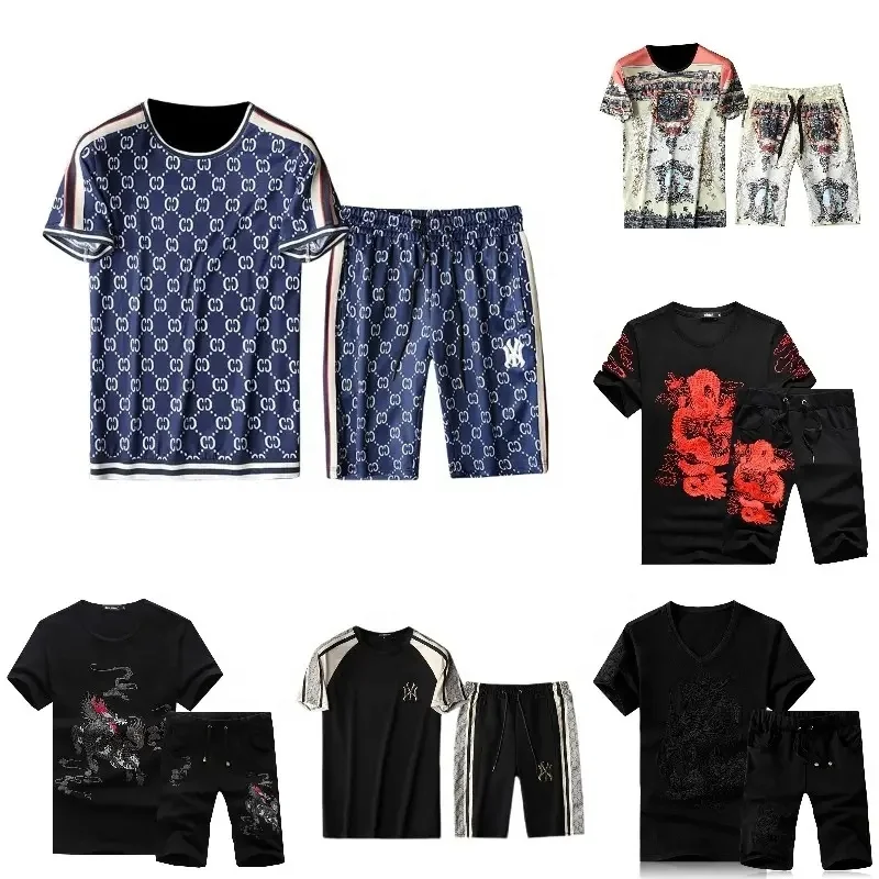 Men Waffle Suit men's summer Half sleeve popular casual sports pants men's T-shirt shorts 2 Pieces Set