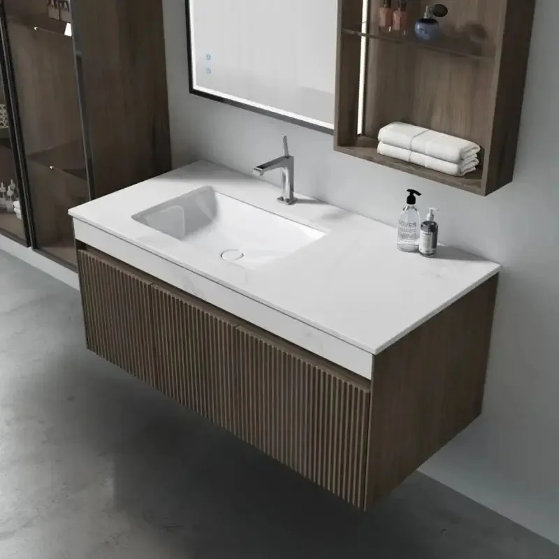 Washing Room Furniture aluminium handle Antique Style Classic Design Wooden Grain Color Bathroom Cabinet Vanities