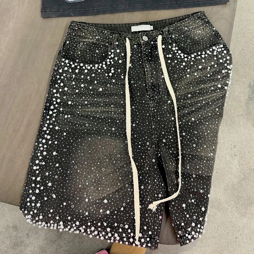 Denim Manufacturer Streetwear Custom Vintage Wash Jorts Men Jeans Shorts with Rhinestones Denim Shorts factory