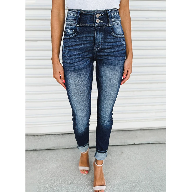 Dear-Lover Private Label Vintage Washed Two-Button High Waist Jeans For Women