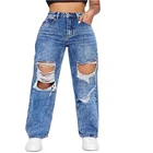 Denim Denim Custom Wholesale Blue Ladies Mom Denim Jeans Fashion Women High Waist Wide Leg Ripped Jeans Pant