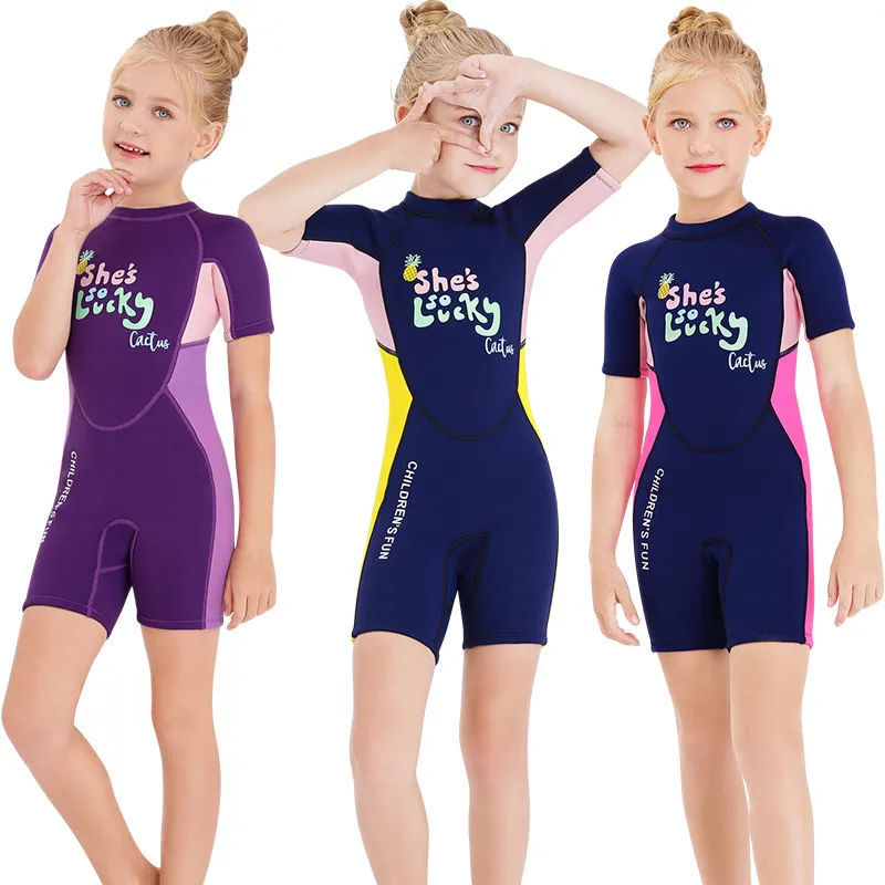 2022 Customized Logo 3mm 5mm Short Sleeve Child Swimsuit Girls Snorkel Diving Suits Kids Shorty Surfing Wetsuit