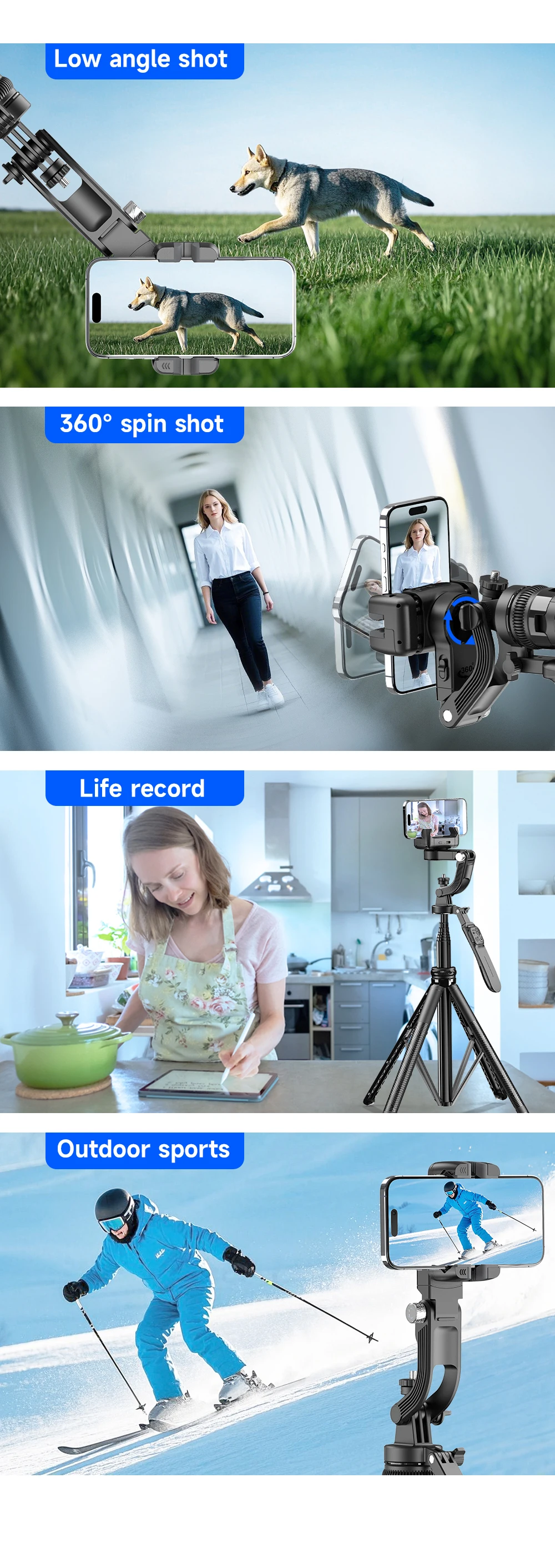 C16 Intelligent AI Face Tracking 360 Rotating Single Axis Gimbal Stabilizer Aluminum Alloy Rod Quadrupod Selfie Stick Light 540g