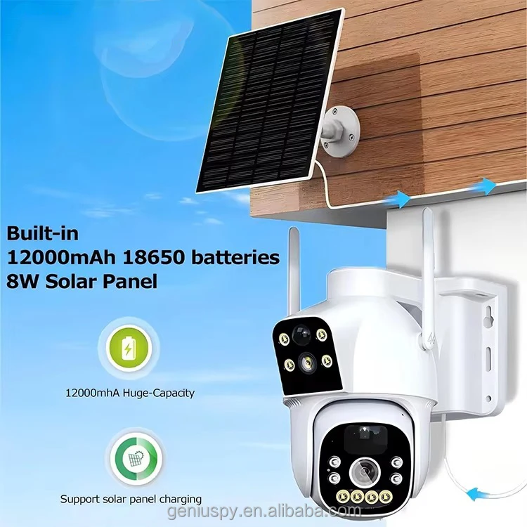 Camhipro Low Power Dual-lens 4MP Wi-Fi/ 4G Wireless Dome PTZ Pan Tilt Solar Battery Camera With Dual PIR Motion Detection Alarm