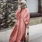 Dress Dubai Islamic High Quality O Neck Puff Long Sleeves Solid Solid Abaya Dress With Belt For Muslim Women