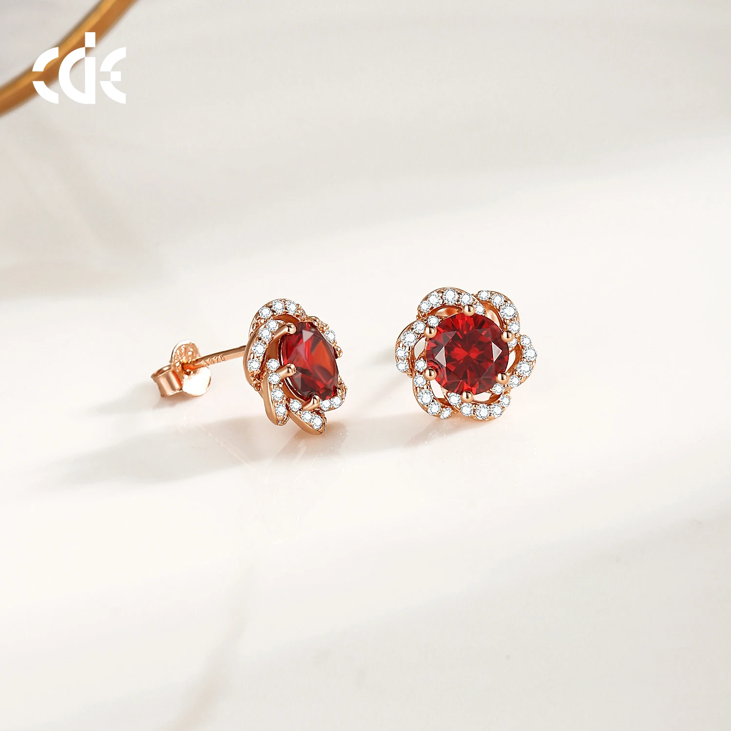 CDE YE1833 Fine Silver 925 Jewelry Crystal Earrings Sterling Silver Garnet Stud Earrings Rose Gold DIY Flower Red Zircon Earring