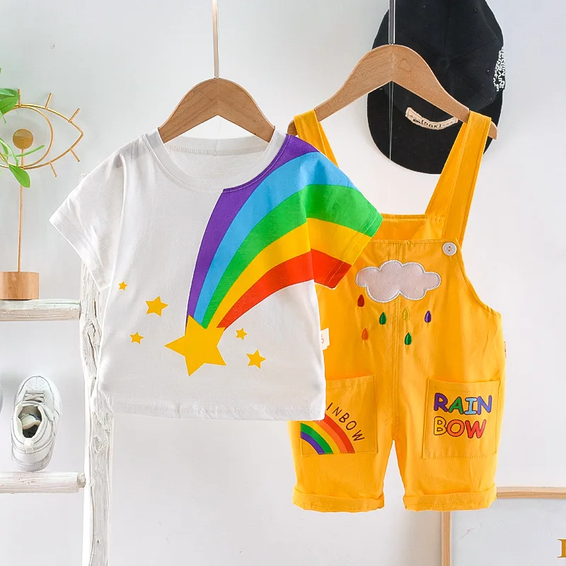 2023 Summer Kids Clothing Universal Rainbow Baby Clothes Set Boys And Girls T-shirt Cotton Overalls Baby Sets
