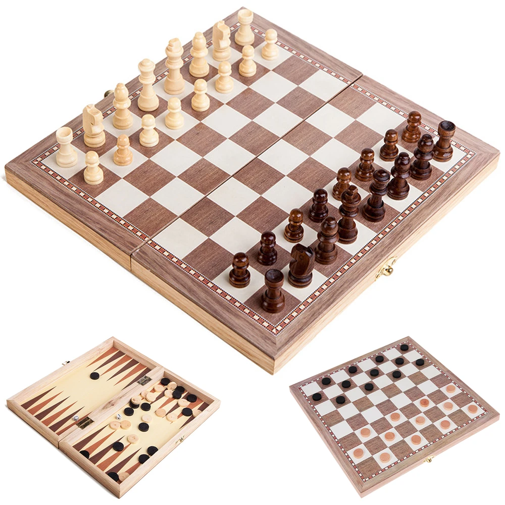 3in1 Chess Board Game Set Large Folding Wooden Checkers Backgammon Draughts Toy 