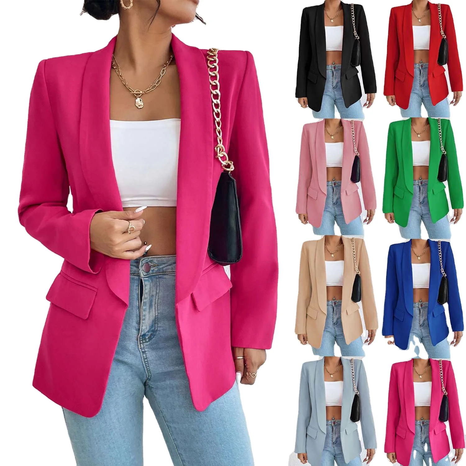 027 Basic Slim Summer Blazer Women Jacket Office Black Women's Jacket Suit 2023 Casual Coats Chic Rose Red Blazers