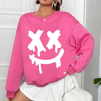 Women's long-sleeved sweatshirt with happy smiling face pattern, women's casual and comfortable crewneck sweatshirt for women