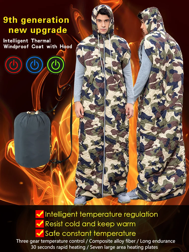 New Design Winter Outdoor Cloak Warm and Windproof Hoodie Blanket Poncho Coat Heated Camping Sleeping Bags